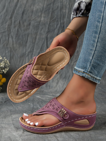 Stylish Cut-Out Thong Sandals - Soft Metallic Platform Wedge, Comfortable Beach Slides with Adjustable Straps, Vacation Essentials for Women