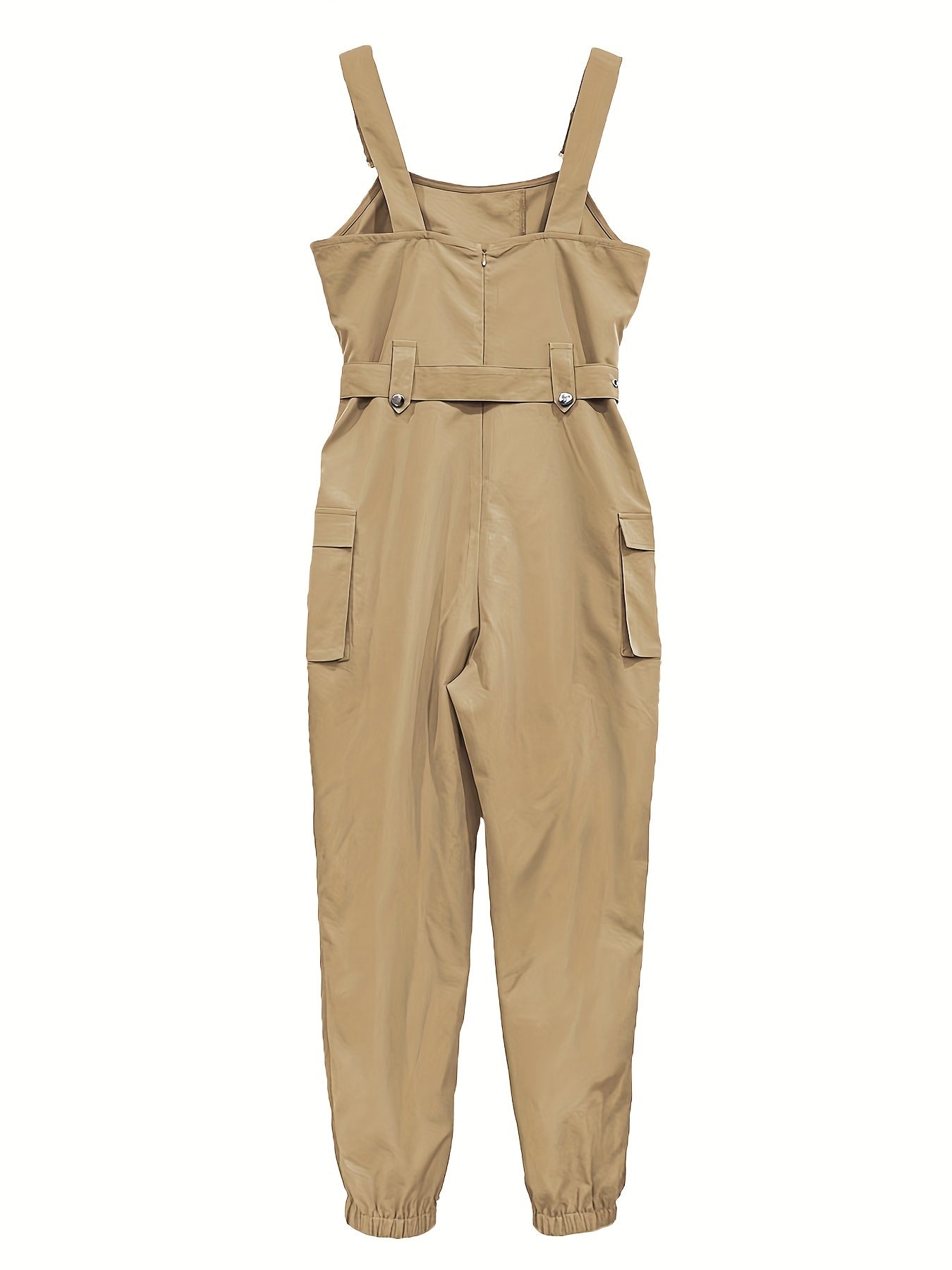 Solid Flap Pocket Cargo Jumpsuit, Casual Sleeveless Belted Flap Detail Jumpsuit, Women's Clothing