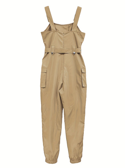 Solid Flap Pocket Cargo Jumpsuit, Casual Sleeveless Belted Flap Detail Jumpsuit, Women's Clothing