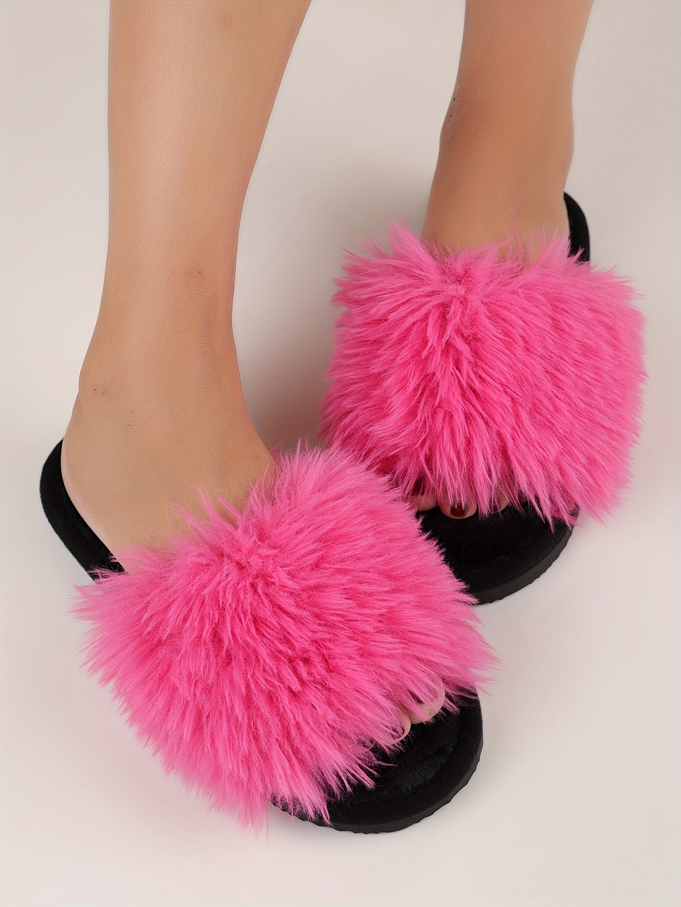 Elegant Women's Faux Fur Slippers - Winter Plush Open Toe Slip-On House Slippers with EVA Sole - Solid Color Fluffy Indoor Cotton Slides - Cixi Production Area