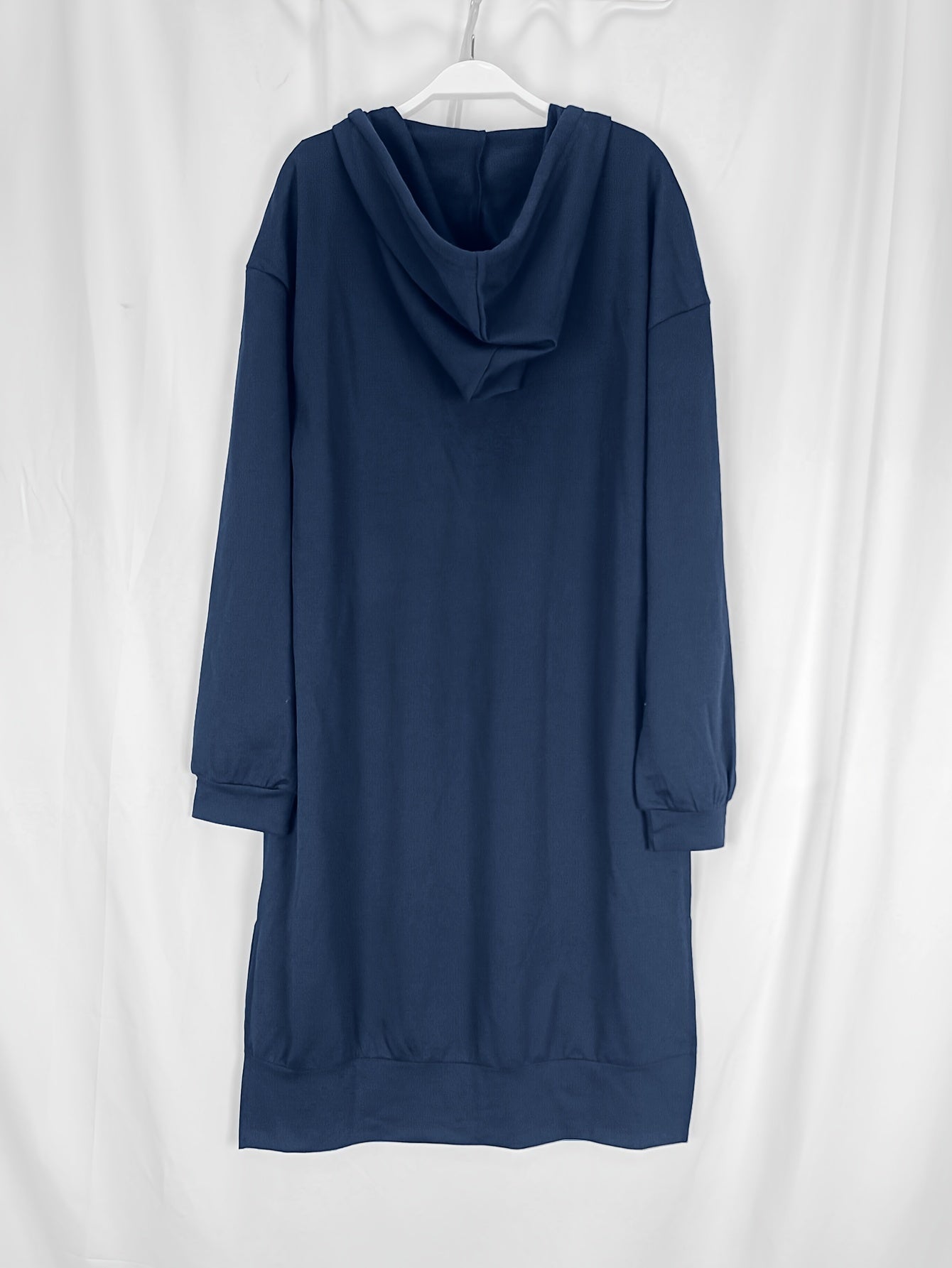 Solid Color Splited Hem Hooded Dress, Casual Long Sleeve Plunge Neck Dress For Fall & Wintern, Women's Clothing