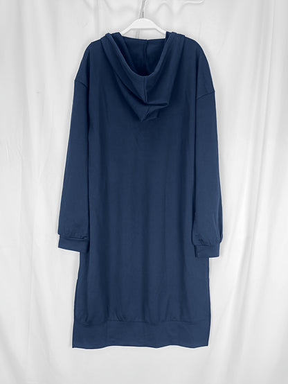 Solid Color Splited Hem Hooded Dress, Casual Long Sleeve Plunge Neck Dress For Fall & Wintern, Women's Clothing