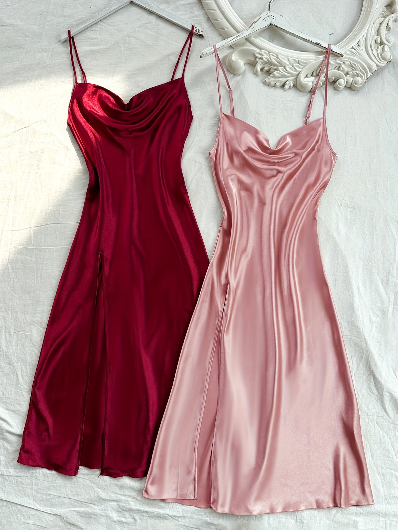 2 Pcs Women's Elegant Solid Satin Sleepwear Dress, Turtleneck Side Split Backless Midi Slip Dress, Comfortable Nightgown