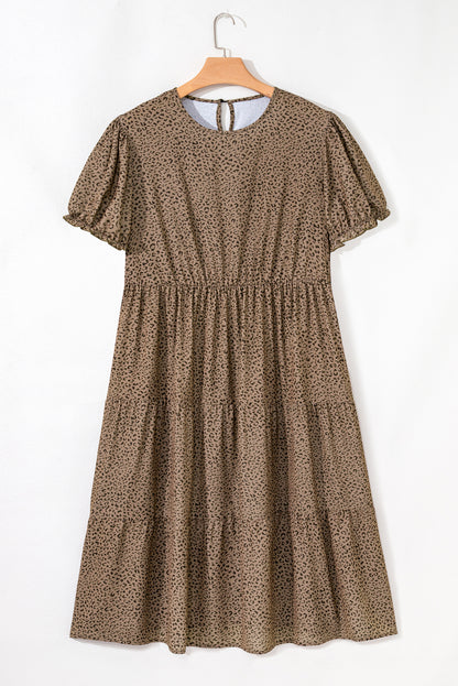Brown Plus Size Leopard Print Frill Trim Short Sleeve Flared Dress