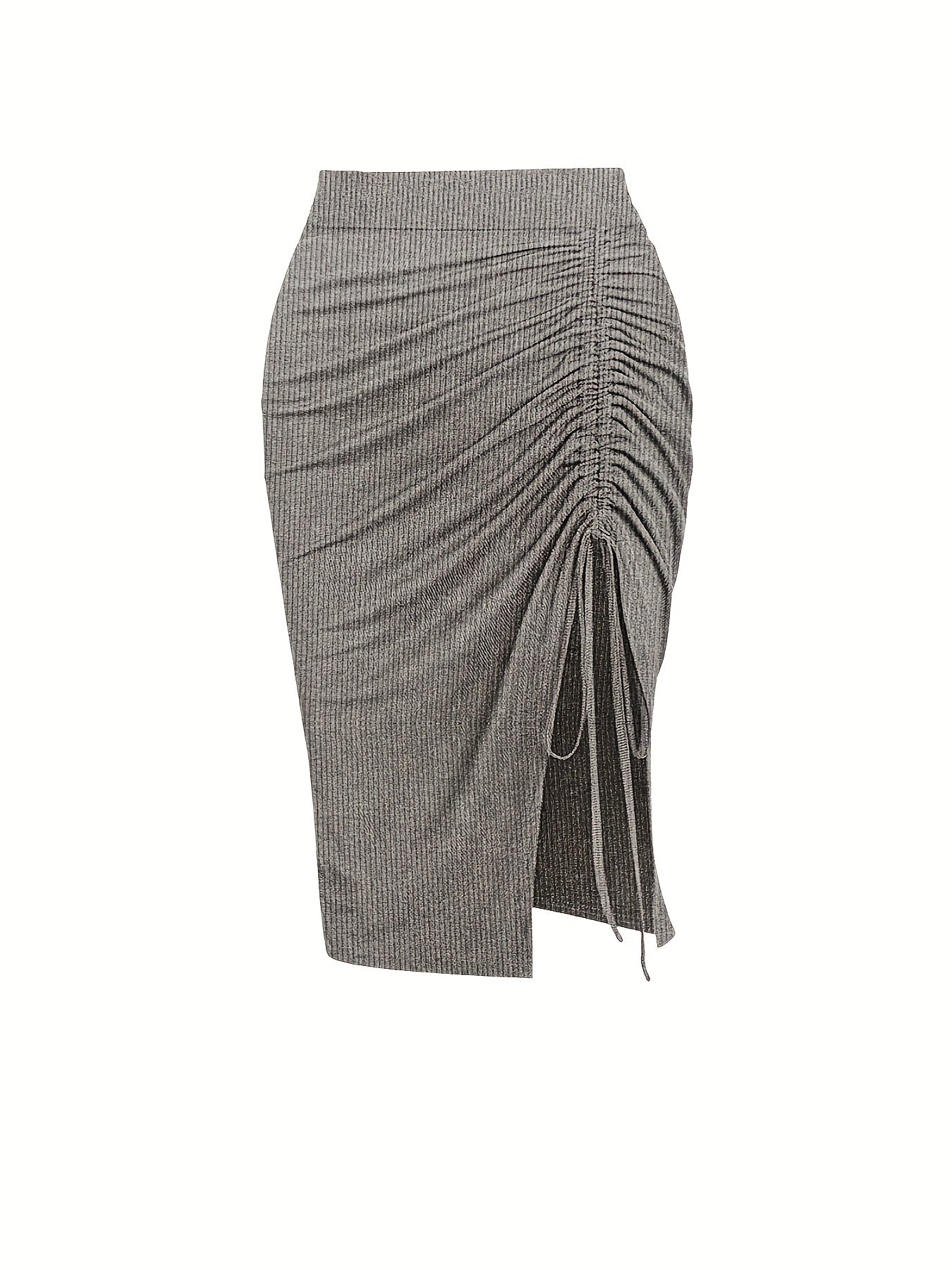 Solid Ruched Drawstring Split Skirt, Casual Bodycon Stretchy Skirt For Spring & Summer, Women's Clothing