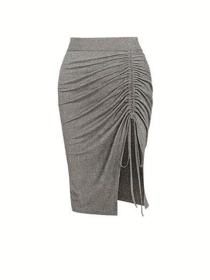 Solid Ruched Drawstring Split Skirt, Casual Bodycon Stretchy Skirt For Spring & Summer, Women's Clothing