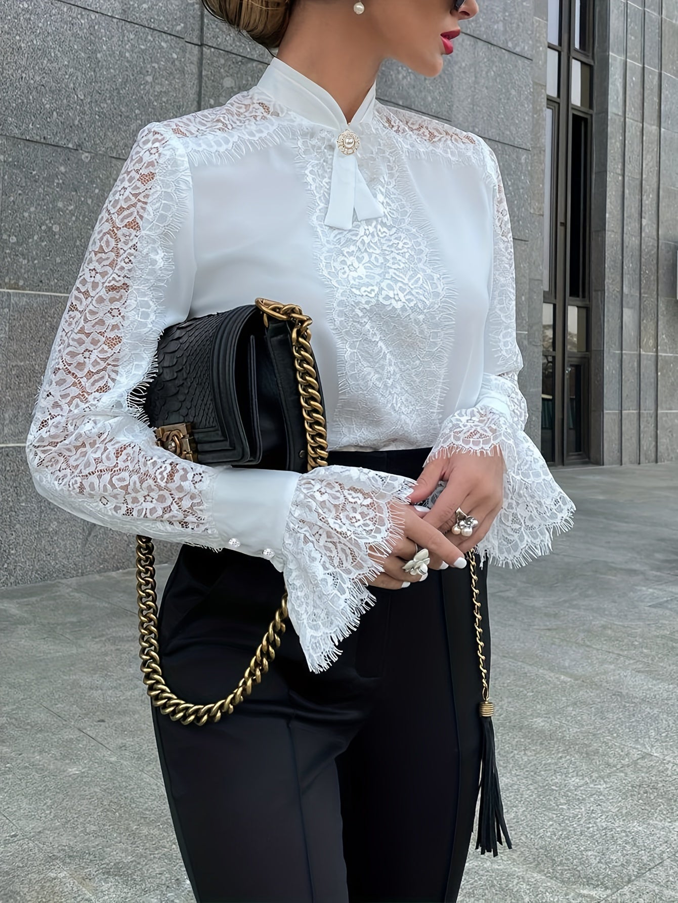 Stunning Lace Trim Blouse - Women's Elegant Long Bell Sleeve Tops for Spring & Fall - Chic Stand Collar Clothing with Delicate Details