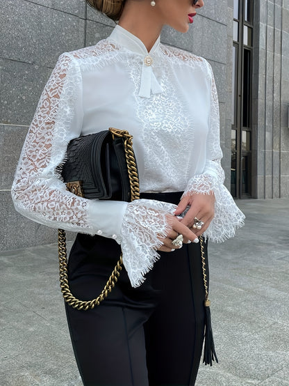 Stunning Lace Trim Blouse - Women's Elegant Long Bell Sleeve Tops for Spring & Fall - Chic Stand Collar Clothing with Delicate Details