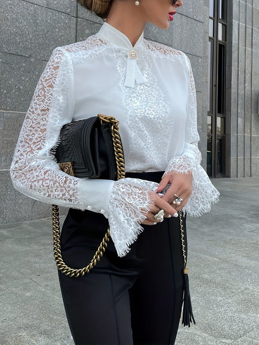 Stunning Lace Trim Blouse - Women's Elegant Long Bell Sleeve Tops for Spring & Fall - Chic Stand Collar Clothing with Delicate Details