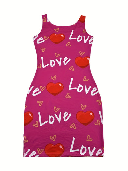 Heart & Letter Print Tank Dress, Casual Sleeveless U Neck Slim Dress, Women's Clothing