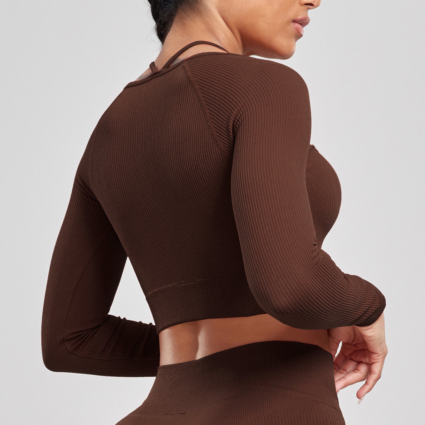 Sports Running Seamless Ribbed Long Sleeve Yoga Fitness Set, Bodycon High-Waisted Backless T-Shirt, Quick-Dry Workout Apparel