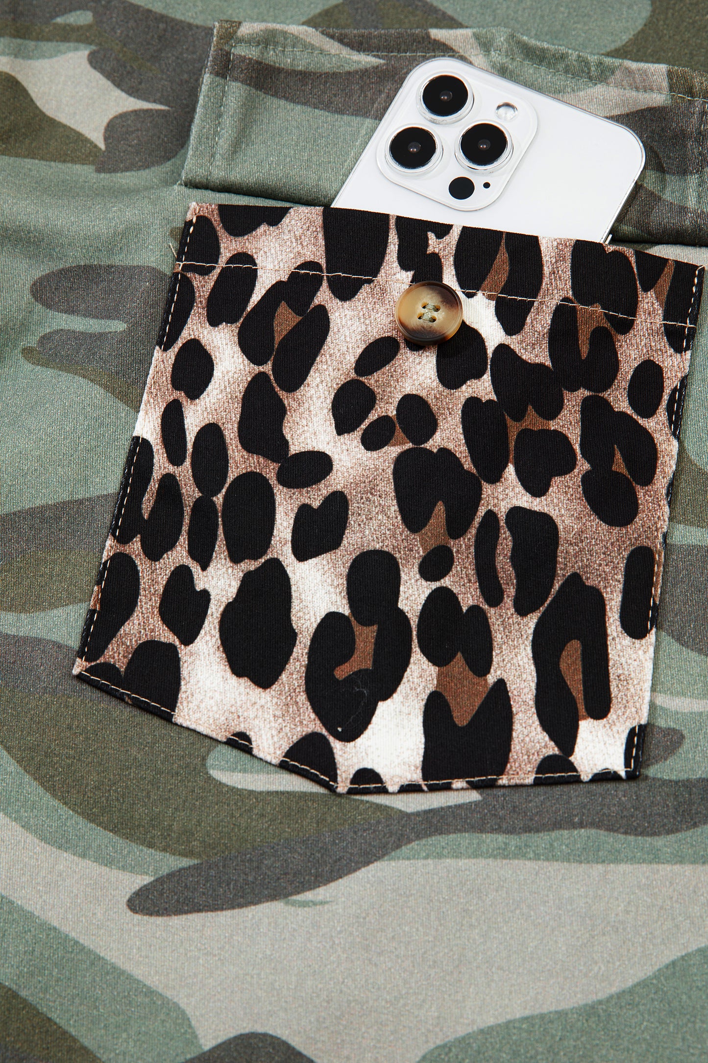 Green Camo Leopard Patchwork Flap Pocket Crop Jacket