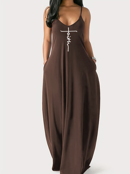 Faith Print Backless Dress, Casual Spaghetti Strap V Neck Loose Dress, Women's Clothing