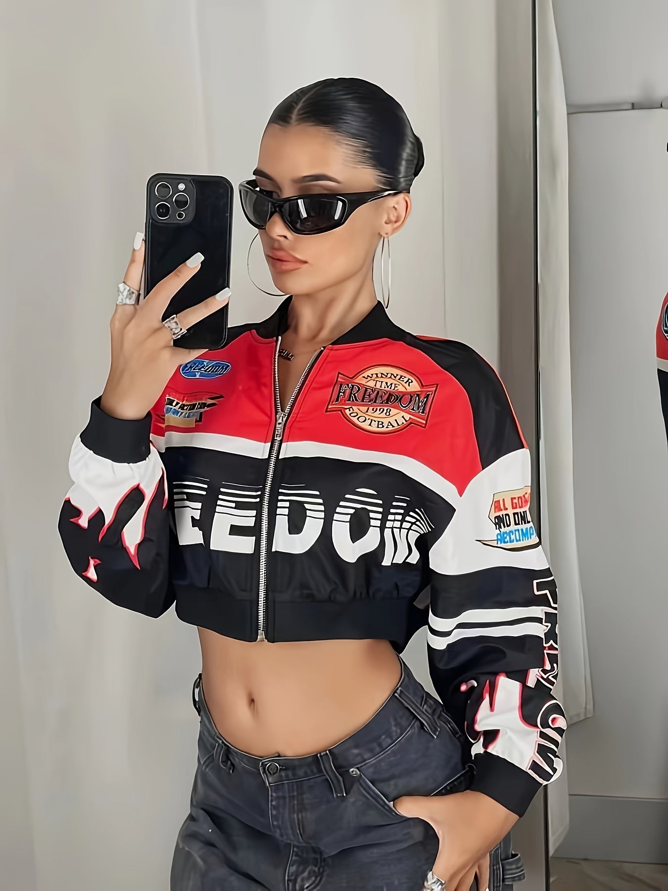 Trendy Letter Print Zipper Drop Shoulder Crop Jacket - Comfortable Long Sleeve Casual Wear for Spring & Fall - Womens Fashion Essential