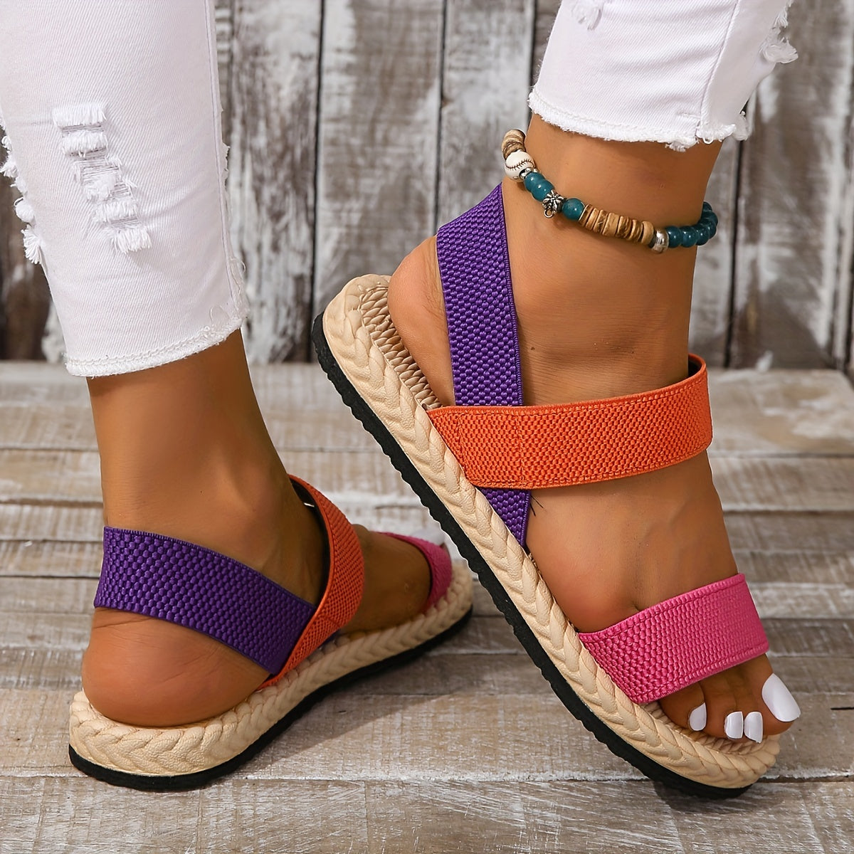 Vibrant Colorblock Flat Sandals for Women - Open Toe, Elastic Strap, Slip-On, Espadrille Sole, Beach Summer Shoes with Breathable Design and Comfortable Walking Experience
