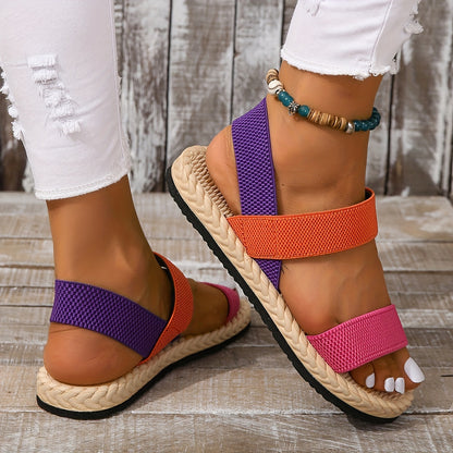 Vibrant Colorblock Flat Sandals for Women - Open Toe, Elastic Strap, Slip-On, Espadrille Sole, Beach Summer Shoes with Breathable Design and Comfortable Walking Experience