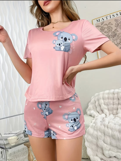 [Cute Pajama] Cute Koala Print Women's Short Sleeve Pajama Set | Pink Cartoon Design with Bow Detail, All-Season Comfort, Pullover Style, Short Length, Adult Size, Casual Sleepwear