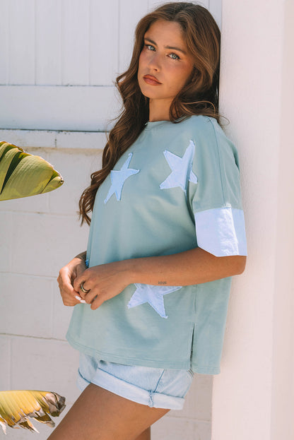 Smoke Green Frayed Denim Star Patched Oversize T Shirt