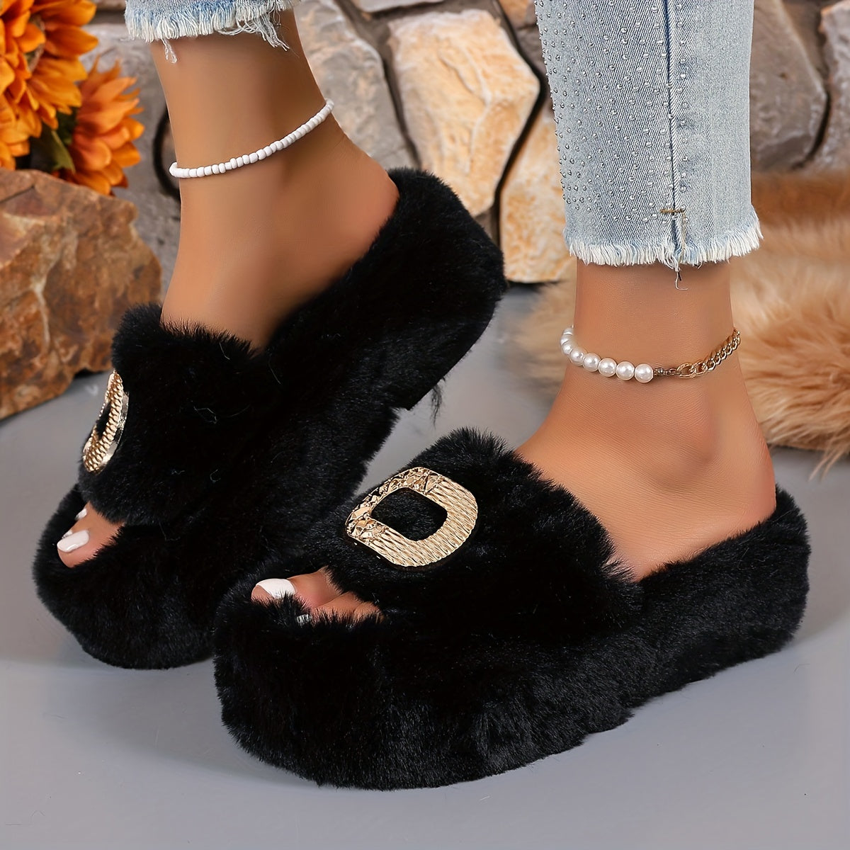[Luxury Slip-On] Plush Faux Fur Women's Slip-On Slippers | Thick Cushioned Rubber Sole & Metallic Buckle Accents - All-Season Indoor/Outdoor House Shoes in Black, Beige, White, Brown, Comfort Footwear, Luxury Slipon, Soft Sli