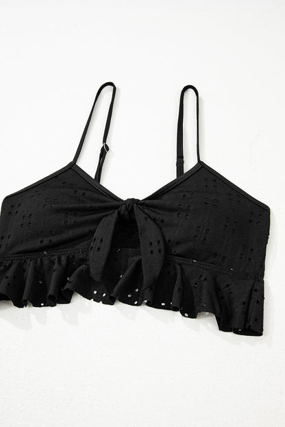 Black Eyelet Pattern Knotted Ruffle Trim 3pcs Bikini Set