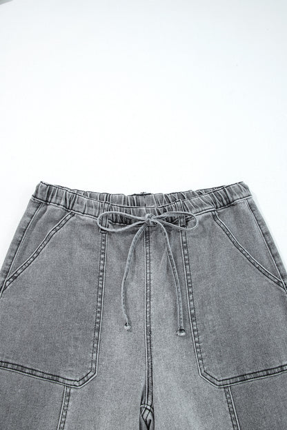 Gray Drawstring Seam Detail Raw Hem Wide Leg Denim Pants