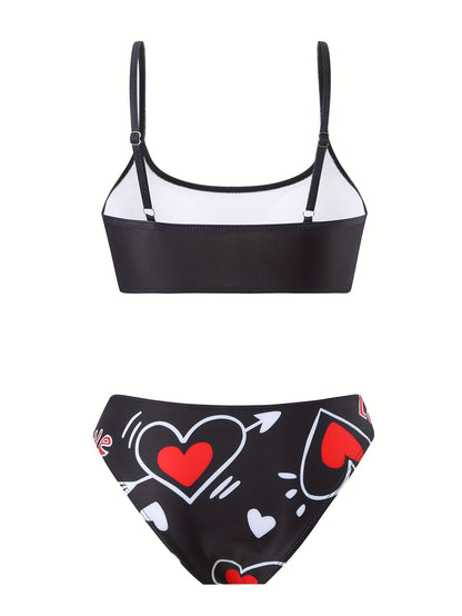Women'S 3pcs Bikini Set, Sexy High Stretch Knit Fabric, Polyester 82% Elastane 18%, All Over Heart Print, Love My Boyfriend & Love Pattern, 200g/m², for Running & Swimming