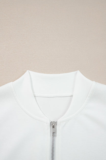 White Solid Color Zip Up Knit Puff Sleeve Jacket