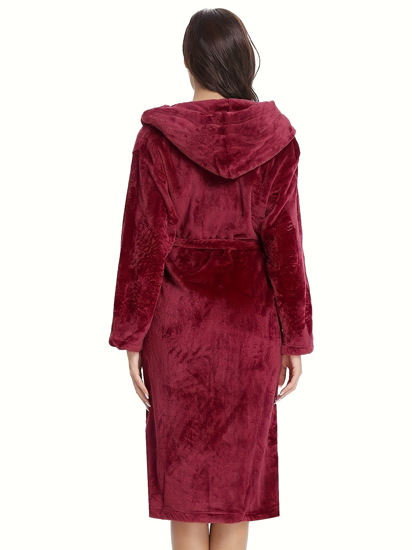 Elegant Polyester Hooded Dressing Gown for Women - Casual Long Sleeve Solid Color Lounge Robe with Belt, Flannel Winter Sleepwear with Hood, Knit Fabric, Warm Plush Lined Bathrobe for Fall/Winter