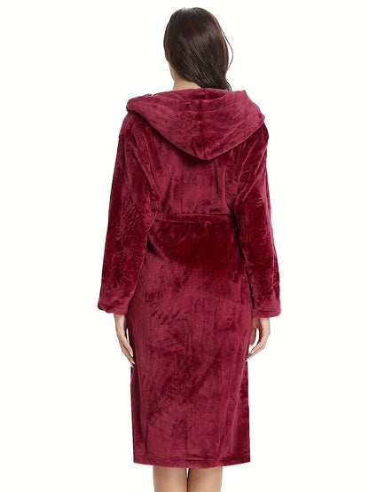 Elegant Polyester Hooded Dressing Gown for Women - Casual Long Sleeve Solid Color Lounge Robe with Belt, Flannel Winter Sleepwear with Hood, Knit Fabric, Warm Plush Lined Bathrobe for Fall/Winter