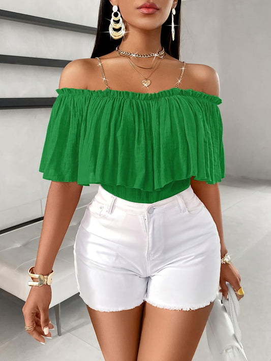 Vibrant Cold Shoulder Ruffle Trim Blouse - Charming Chain Strap, Solid Color, Casual, Spring & Summer Essential, Women's Clothing, Perfect for Outdoor Activities
