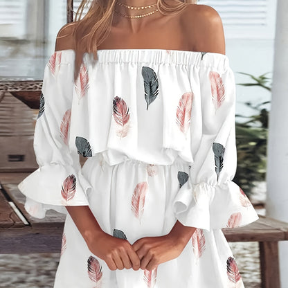 Stunning Off-Shoulder Feather Print Maxi Dress - Chic Flounce Sleeves, Flowy Bohemian Design, Summer Casual Wear, Elegant Party Dress for Women - Soft Fabric, Relaxed Fit, and Comfortable to Wear