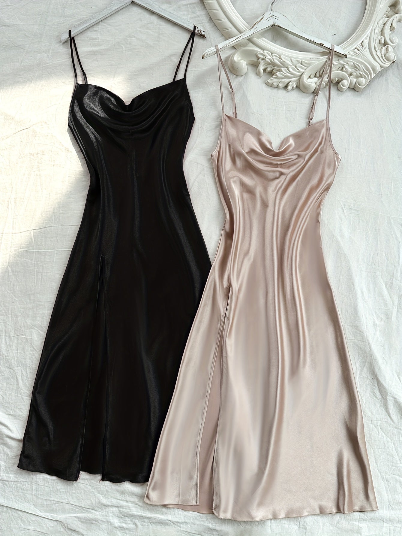 2 Pcs Women's Elegant Solid Satin Sleepwear Dress, Turtleneck Side Split Backless Midi Slip Dress, Comfortable Nightgown