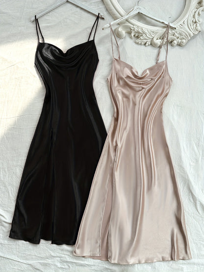 2 Pcs Women's Elegant Solid Satin Sleepwear Dress, Turtleneck Side Split Backless Midi Slip Dress, Comfortable Nightgown