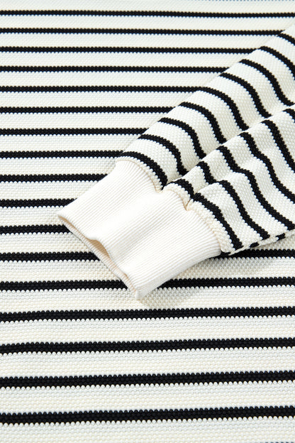 White Stripe Ruffle Trim Drop Shoulder Top Drawstring Loose Pant Set