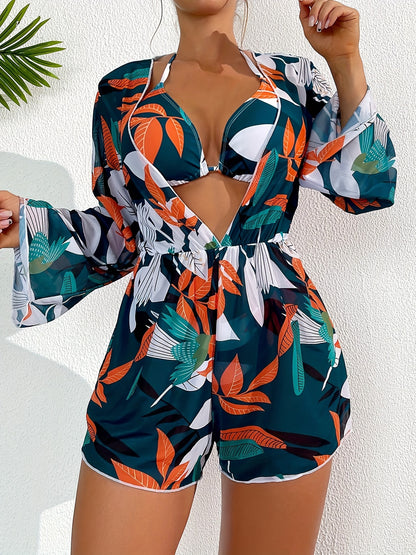 Women's Fashion Bikini Swimwear, Women's Sexy Printed Three-Piece Swimsuit With Cover-Up, Tropical Leaf Design