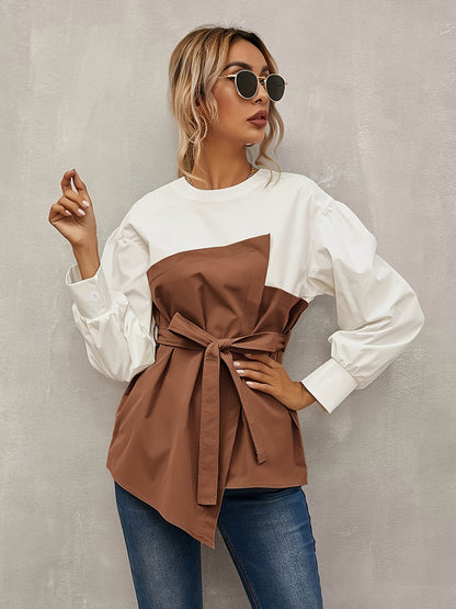 Chic Color Block Long Sleeve Blouse for Women - Polyester, Machine Washable, Non-Sheer - Perfect for Spring & Fall