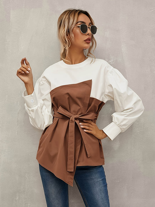 Chic Color Block Long Sleeve Blouse for Women - Polyester, Machine Washable, Non-Sheer - Perfect for Spring & Fall