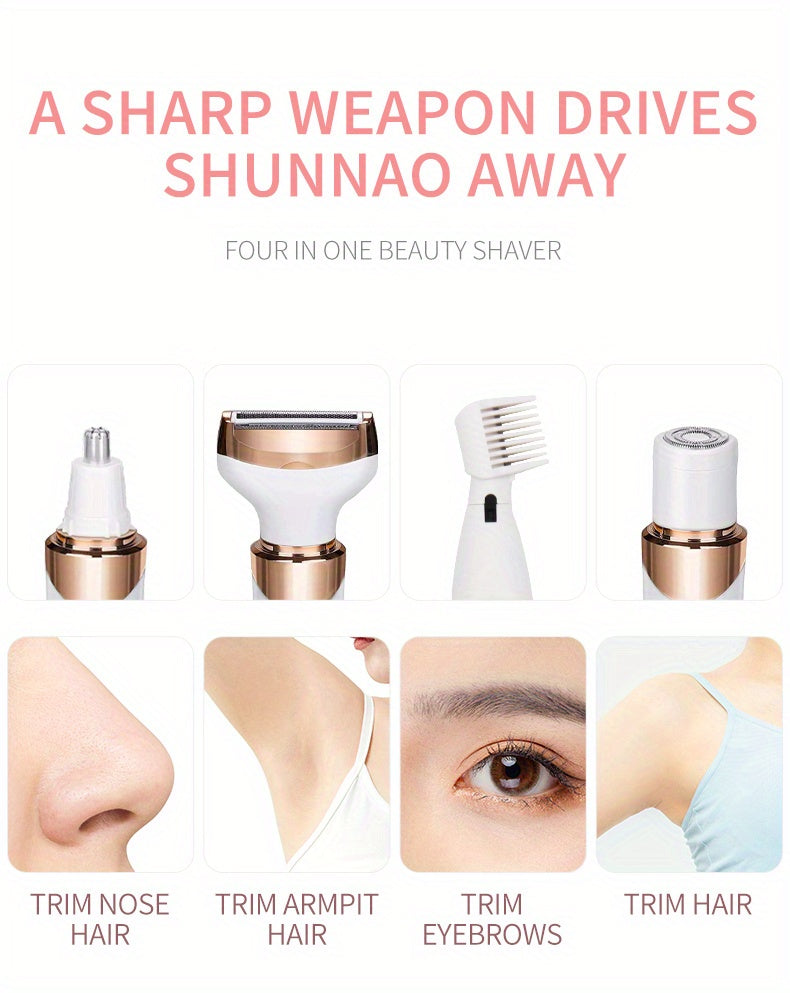 4-in-1 Women's Electric Razor - Wet & Dry Hair Remover For Pubic Hair, Eyebrow, Nose, Face, Legs, Underarms - Portable Bikini Trimmer - Rechargeable & Cordless - Gentle & Effective Hair Shaving