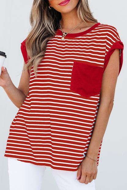 Red Stripe Chest Pocket Patch Round Neck Tank Top