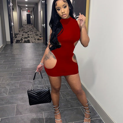 Women'S Sexy High Neck Cut-Out Mini Dress - Black Bodycon with Thigh-High Slit, Strappy Sandals & Clutch, Perfect for Summer Parties & Events, Party Attire | Sexy Bodycon Dress | Highneck Design