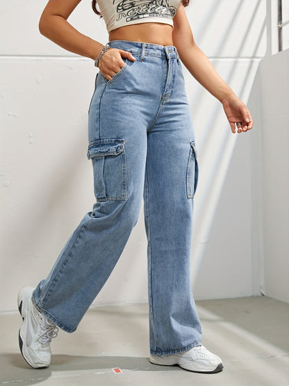 Side Flap Pocket High Waist Denim Cargo Pants, Light Washed Casual Slash Pocket Cargo Jeans, Kpop Y2K, Women's Denim Jeans & Clothing