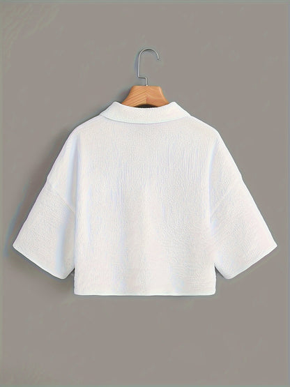Button Front Crop Blouse, Casual Short Sleeve Blouse For Spring & Summer, Women's Clothing