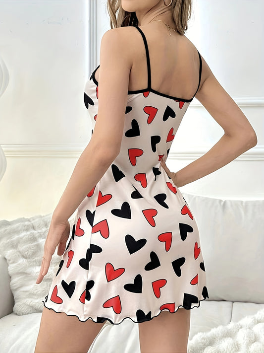 Women's Heart Print Sleeveless Dress - Sexy Polyester Knit Fabric, Round Neck, Adult Sleepwear, All-Season Love Patterned Bathrobe