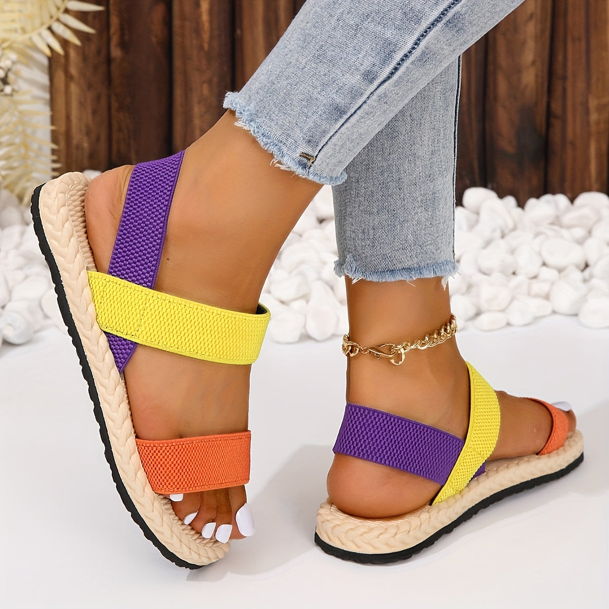 Vibrant Colorblock Flat Sandals for Women - Open Toe, Elastic Strap, Slip-On, Espadrille Sole, Beach Summer Shoes with Breathable Design and Comfortable Walking Experience