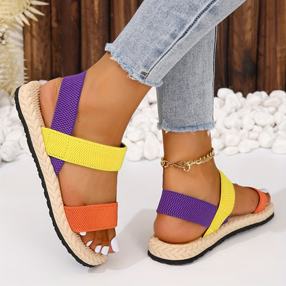 Vibrant Colorblock Flat Sandals for Women - Open Toe, Elastic Strap, Slip-On, Espadrille Sole, Beach Summer Shoes with Breathable Design and Comfortable Walking Experience