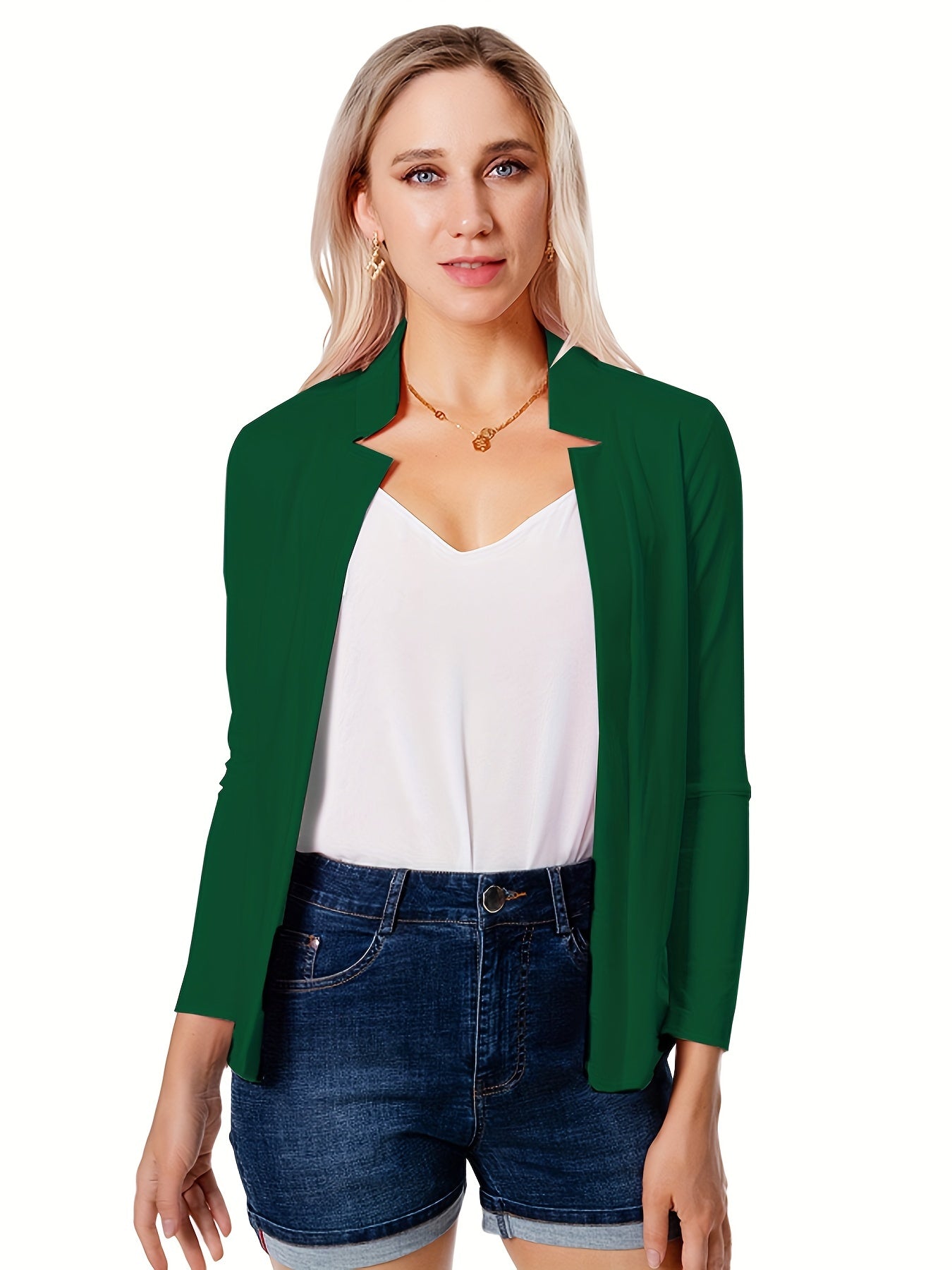 Solid Open Front Blazer, Casual Long Sleeve Blazer For Office & Work, Women's Clothing