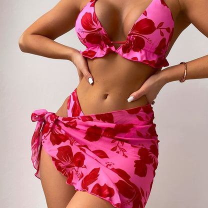 Women'S Floral Print Bikini Set, V-Neck Halter Top with Frill Detail, High Stretch Polyester Swimsuit, 3pcs Swimwear for Music Festivals and Nightclubs