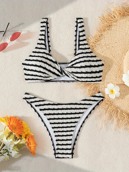 Sexy Striped Twist Bag Split Bikini Set