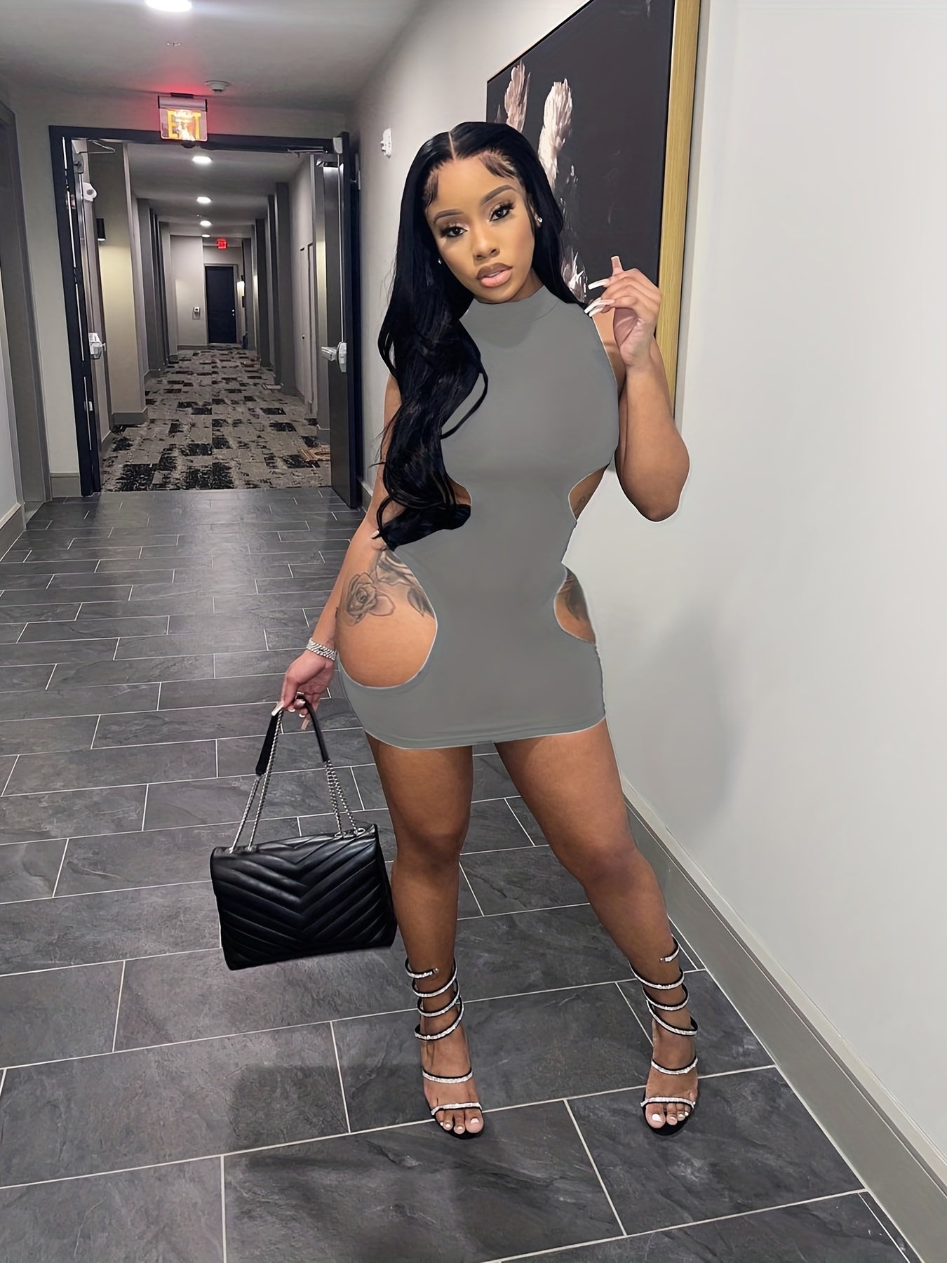 Women'S Sexy High Neck Cut-Out Mini Dress - Black Bodycon with Thigh-High Slit, Strappy Sandals & Clutch, Perfect for Summer Parties & Events, Party Attire | Sexy Bodycon Dress | Highneck Design