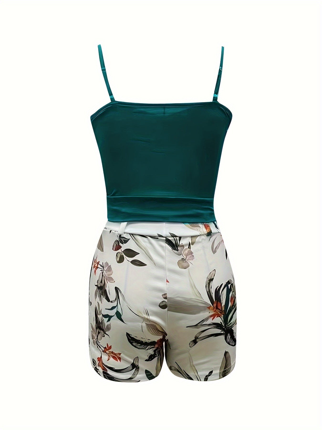 Chic Womens Floral Print Two-piece Outfit - Lightweight & Comfortable Casual Set with Surplice Cami Top & Belted Shorts for Spring & Summer